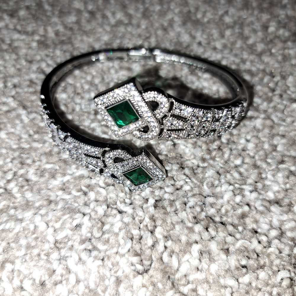 Silver-Tone Emerald Accent Open Cuff Bracelet